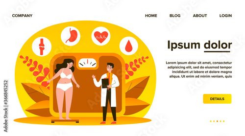 Doctor consulting overweight girl flat vector illustration. Cartoon tiny woman with diabetes standing on scales. Fat problem, health and obesity concept