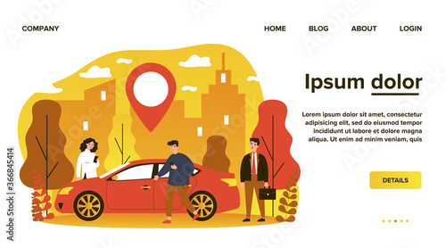 Commuters sharing car in city. People searching vehicle with location pointer. Vector illustration for transport rent, transfer, automobile, travel concept