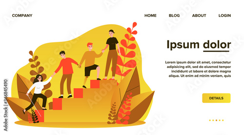 Disabled people helping to each other. Handicapped men and women holding hands and climbing upstairs flat vector illustration. Community, support concept for banner, website design or landing web page