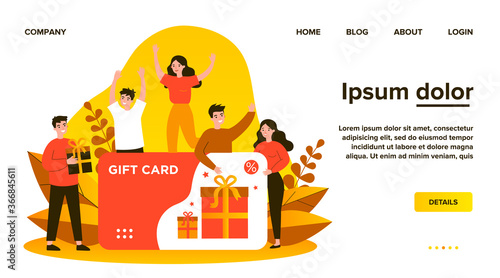 Customers getting gift card. Cheerful people happy about discount card, coupon or voucher. Vector illustration for sale, loyalty program, bonus, promotion concept