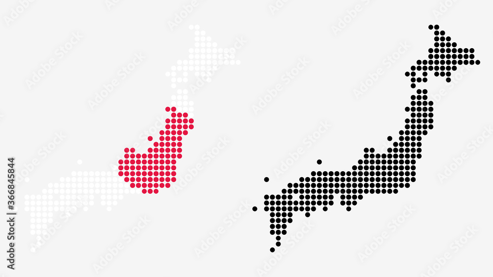 Fototapeta premium Map of Japan, in dotted style. One version includes the flag, the other is simply black. Vector Graphic.
