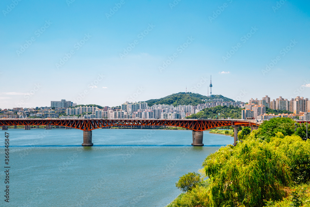 Seongsu Bridge and Seoul city view at Han river park in Korea