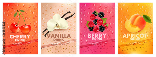 Set of labels with fruit and berry  drink. Fresh fruits juice splashing together- cherry, vanilla, raspberry, blackberry, apricot juice drink splashing. 3d fresh fruits. Vector illustration