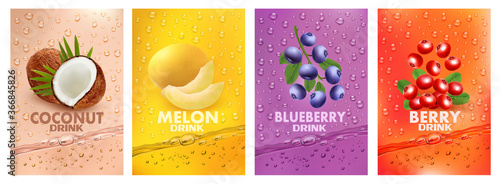 Set of labels with fruit drink.Fresh fruits juice splashing together- coconut, melon, blueberry, cranberry juice drink splashing. 3d fresh fruits. Vector illustration