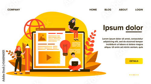 Blog authors writing articles. Freelance writers with laptops creating internet content. Vector illustration for online education, people of creative job, seo marketing concept