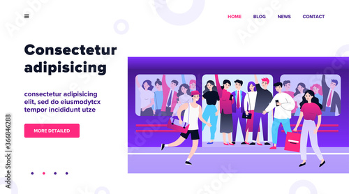 People hurrying into overcrowded train flat vector illustration. Cartoon characters squeezing in metro. Public transport, overpopulation and travelling concept.