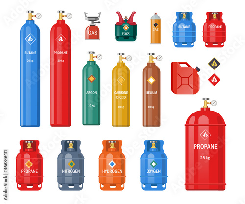 Various gas storage cylinders flat icon set. Oxygen, nitrogen, carbon dioxide, helium tanks and containers isolated vector illustration collection. Industrial fuel bottles and canisters concept