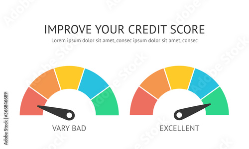 Credit score gauge with levels very bad and excelent. Information for improve financial rate flat vector illustration isolated on white background