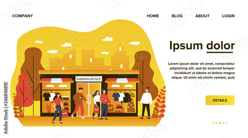 Consumers shopping in apparel boutique flat vector illustration. Happy people walking on city street near fashion store, mall, or shop. Retail and fashion outlet concept