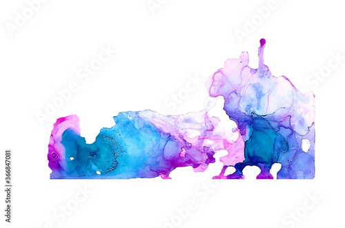 Abstract blue, purple and violet alcohol ink and watercolor splatter on white background. alcohol ink and watercolor blots