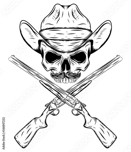 Skull cowboy in western hat and crossed gun
