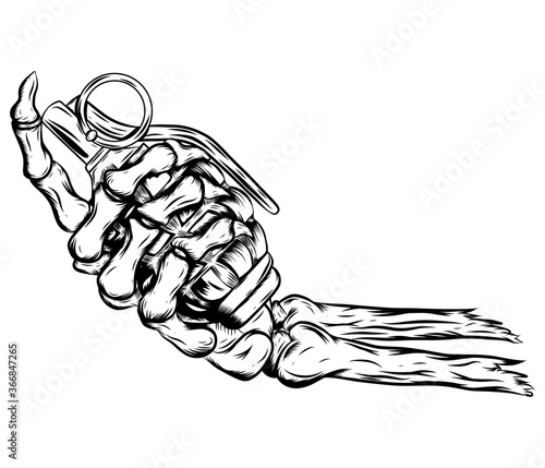 human skeleton hand holding grenade