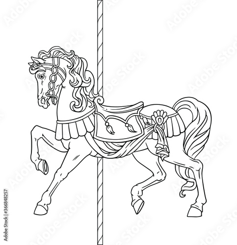Carousel Horse, Merry go round horse, French carousel. Vector illustration of carousel horse on carnival ride. Coloring book, coloring page