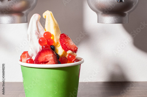 cup of frozen yogurt with fruit toppings photo