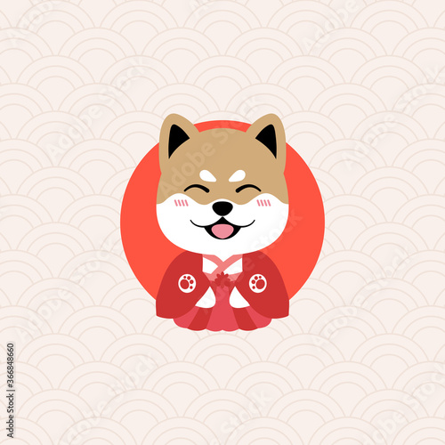 Cute shiba inu wearing kimono. Dog cartoon icon, vector illustration on Japanese flag background.