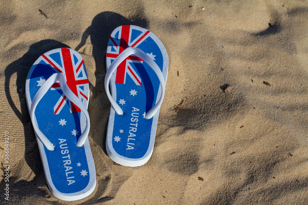 View from above of Australian Flag thongs/ flip flops for