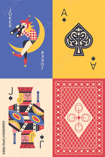 Playing card jack, joker, ace and back of card. flat design style minimal vector illustration.