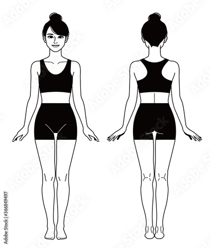 Illustration of a woman wearing a sports-bra and shorts.	