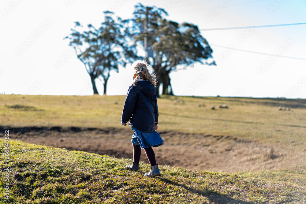 young child walking along field with warm winter clothes on to keep warm
young child walking along field with warm winter clothes on to keep warm