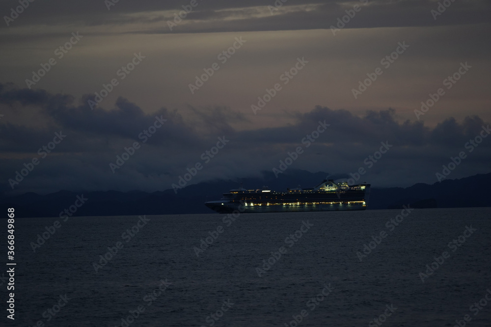 Beautiful aerial view of an empty Gigantic Cruise ship park in Costa Rica due to quarantine