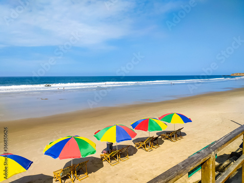 Ocean beaches of Ecuador in Montanita. Blue sky, ocean, wave and surf photo