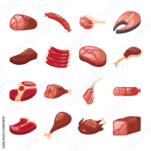 bundle of meat cuts set icons