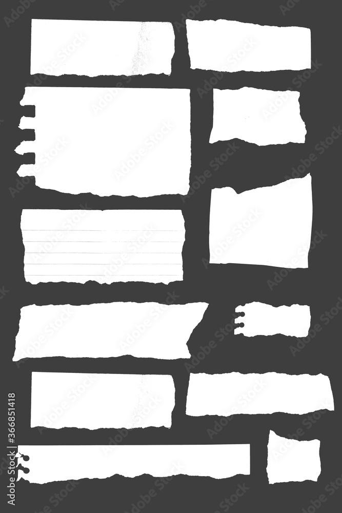  White ripped note, notebook paper stuck with sticky tape on black background.