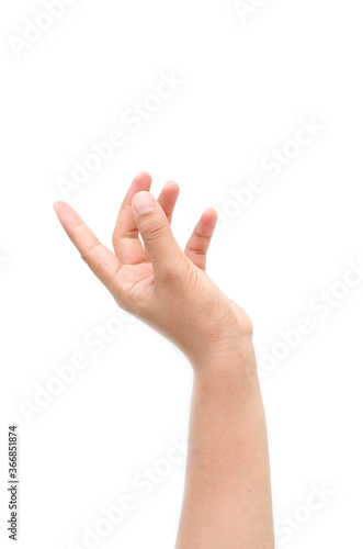 A set of hands holding something such as a bottle or a smartphone on a solitary white background