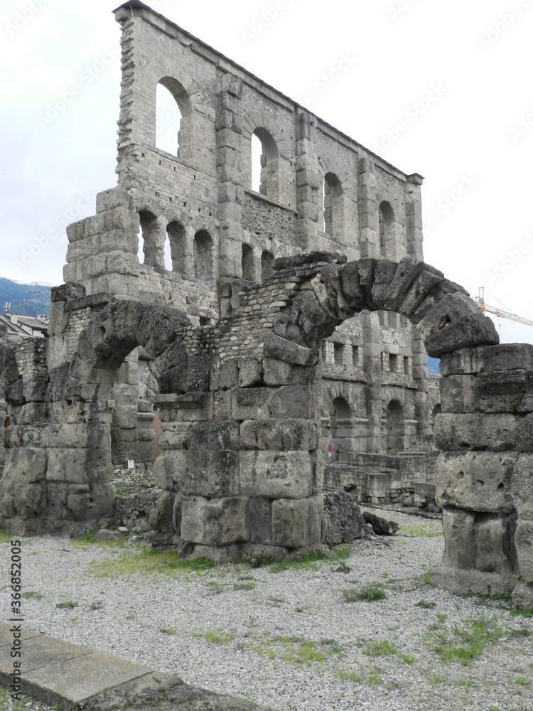 Aosta, Italy, Roman Ruins with Arched Gate