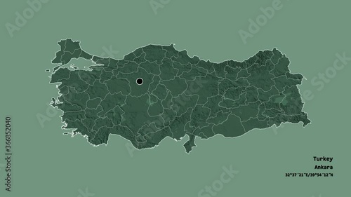 Tokat, province of Turkey, with its capital, localized, outlined and zoomed with informative overlays on a administrative map in the Stereographic projection. Animation 3D photo