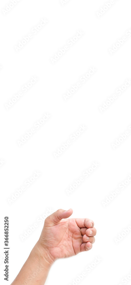 A set of hands holding something such as a bottle or a smartphone on a solitary white background A set of hands holding something such as a bottle or a smartphone on a solitary white background