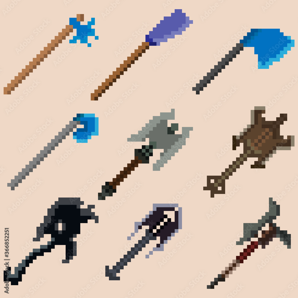 Fototapeta premium A set of nine pixel axes. Image for icons, games, sites and more.