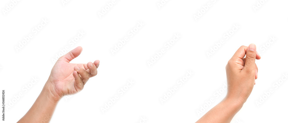 A set of hands holding something such as a bottle or a smartphone on a solitary white background