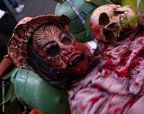 Dcheira Inezgane/Morocco - September 1, 2019: unidentified disguised people at the Carnival of BILMAWN. The Carnival of BILMAWN is a popular annual festival, world famous for its elaborate masks.
