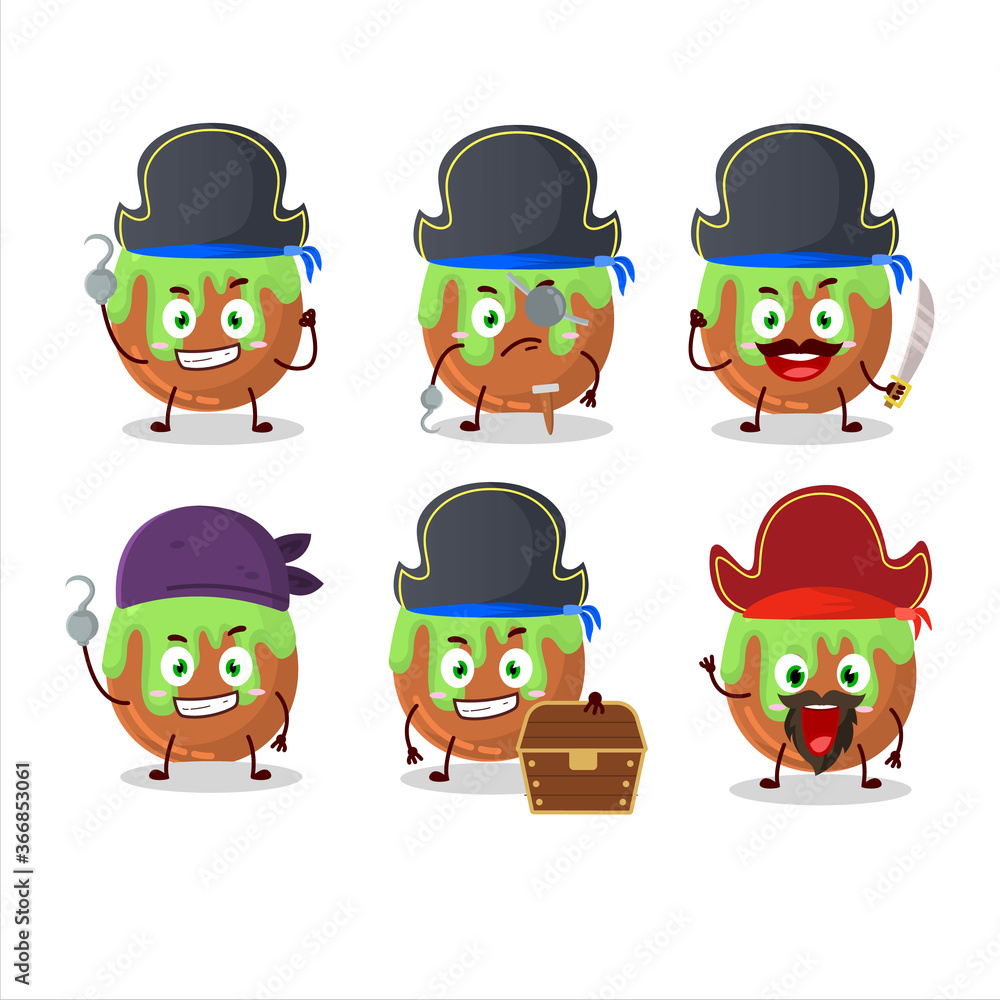 Cartoon character of choco green candy with various pirates emoticons Cartoon character of choco green candy with various pirates emoticons