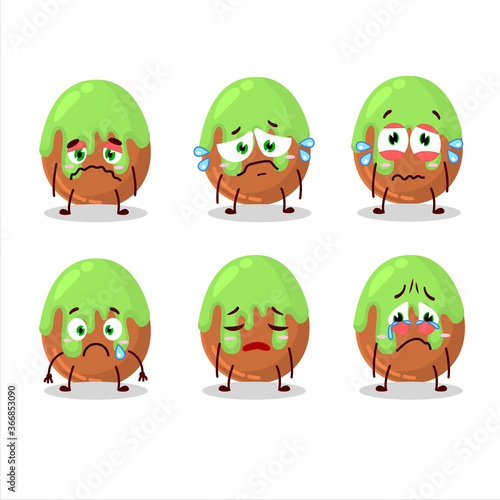 Choco green candy cartoon character with sad expression