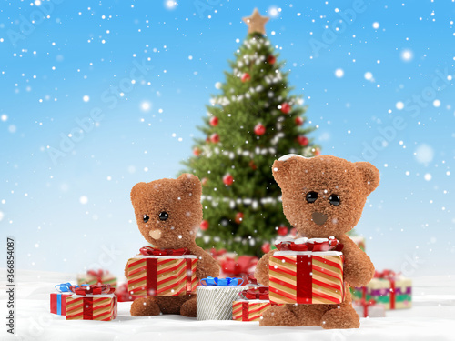 concept of teddy bear and christmas presents. Christmas gifts and cute teddy bear 3d-illustration © wetzkaz