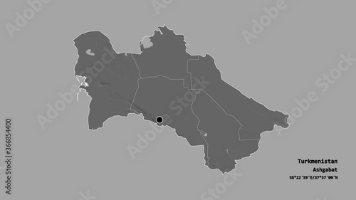 Balkan, province of Turkmenistan, with its capital, localized, outlined and zoomed with informative overlays on a bilevel map in the Stereographic projection. Animation 3D photo