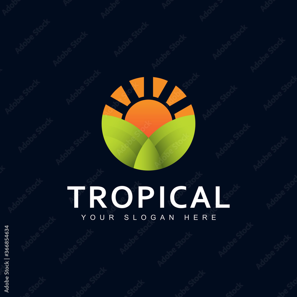 Tropical logo design ith sun and green leaf symbol. Sign of nature and farm tropic concept. Organic, eco and natural style vector illustration