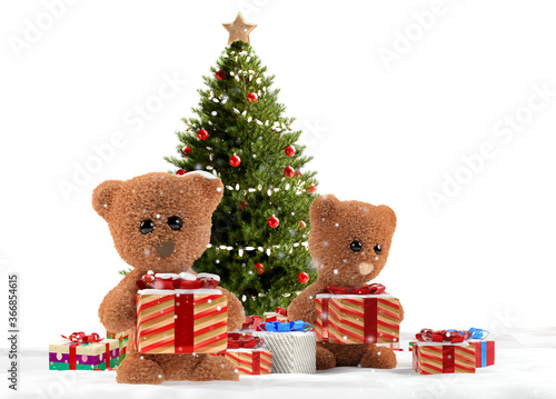 concept of teddy bear and christmas presents. Christmas gifts and cute teddy bear with snow 3d-illustration © wetzkaz