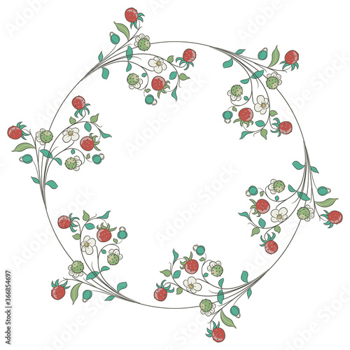 Round floral decor or frame. Wreath of strawberry plant branches with flowers and berries. Folk style.
