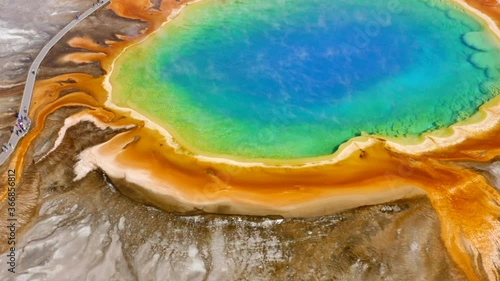 Aerial 4K footage of Grand Prismatic Spring in Yellowstone National Park, Wyoming, USA.