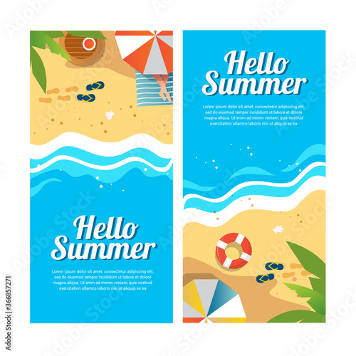 Set of vector summer travel banners with beach umbrellas, sandals, waves and tropical exotic palm top view vector illustration