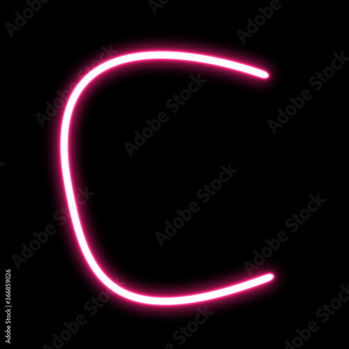 English alphabet letter C linear neon laser shape on black background.