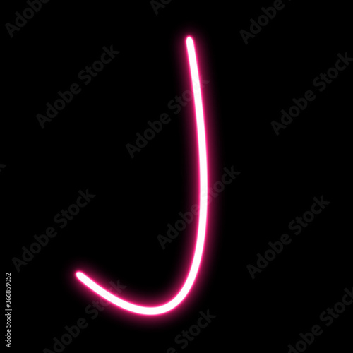 English alphabet letter J linear neon laser shape on black background.