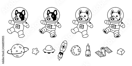 dog vector french bulldog icon space suit spaceship ufo star planet galaxy sci fi pet puppy cartoon character animal doodle symbol illustration design