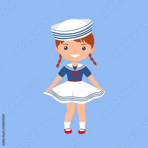 Cute chibi girl character in sailor suit. Professions for kids. Flat cartoon style