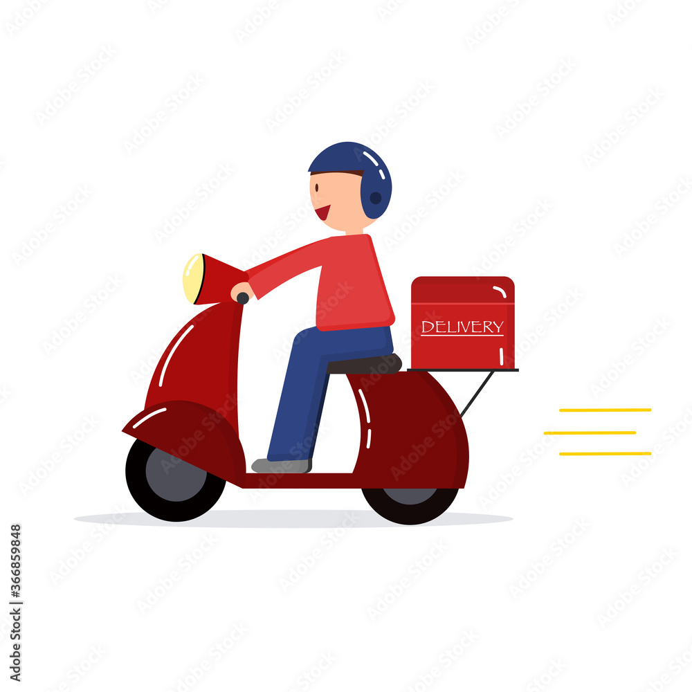 Illustrator vector of a delivery service, a man ride a scooter to delivery food, delivery man Illustrator vector of a delivery service, a man ride a scooter to delivery food, delivery man