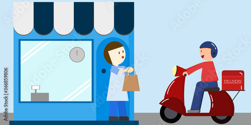 Illustrator vector of a man driving scooter to pick up food at the restaurant to customer  delivery service man