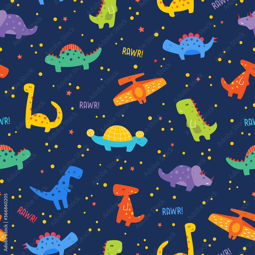 Fototapeta premium Cute Colorful Cartoon Dinosaurs Seamless Pattern on Dark Background.